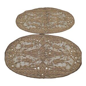 VTG Handmade Embroidered w/ Metal Springs Beige Placemats Set Of 2 15" x 9 3/4"